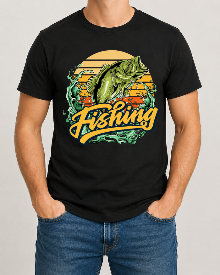 Sunset Fishing T-Shirt: Cast into Peace and Golden Horizons