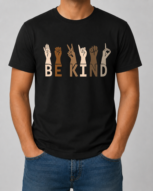 Be Kind Hand Sign Shirt in black with diverse hands spelling Be Kind