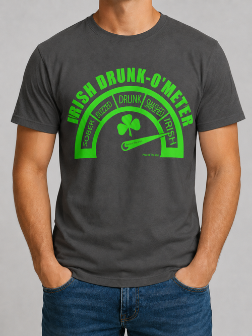 Irish drunk-o-meter shamrock graphic on dark gray T-shirt