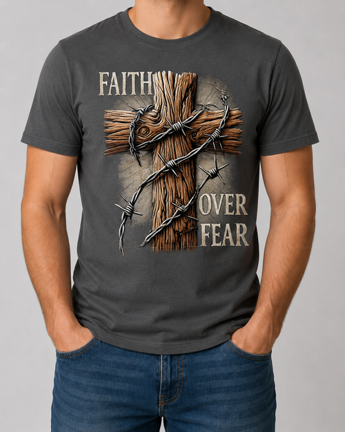 Faith Over Fear cross and barbed wire graphic on dark gray T-shirt