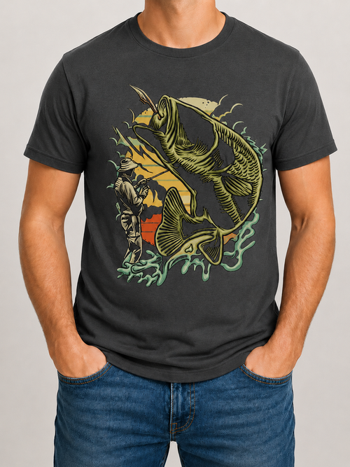 Full-color Big Catch bass and angler graphic on dark gray T-shirt