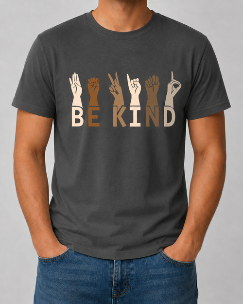 Be Kind illustrated hand sign graphic on dark gray T-shirt