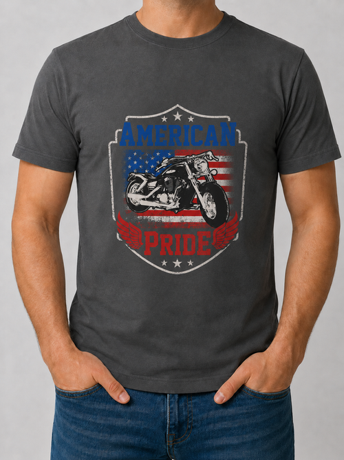American Pride motorcycle and US flag graphic on dark gray T-shirt