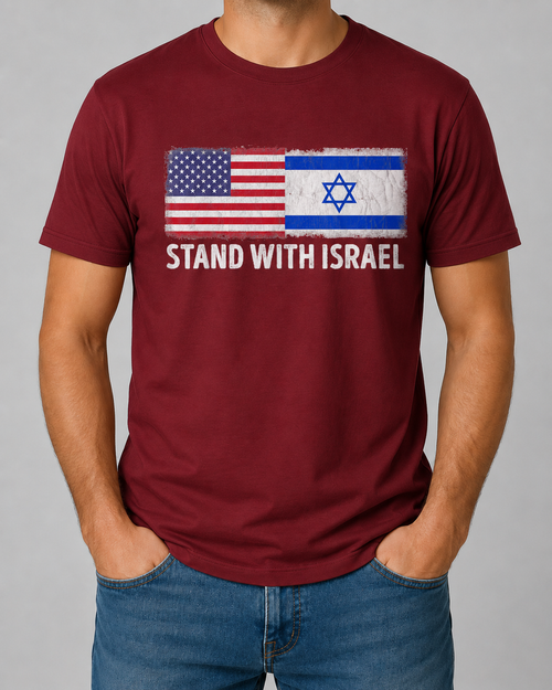 Stand With Israel Shirt in maroon red with United States and Israeli flags