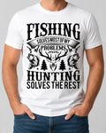 Fishing Hunting Therapy Shirt in white with fish, deer, trees, and therapy quote