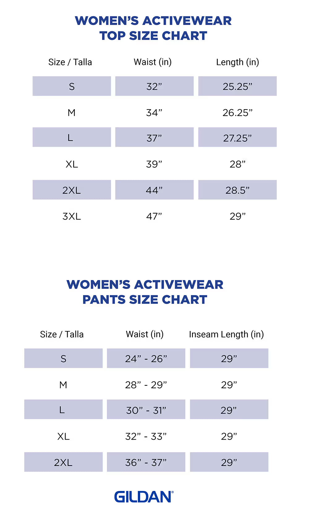 Gildan women's size guide